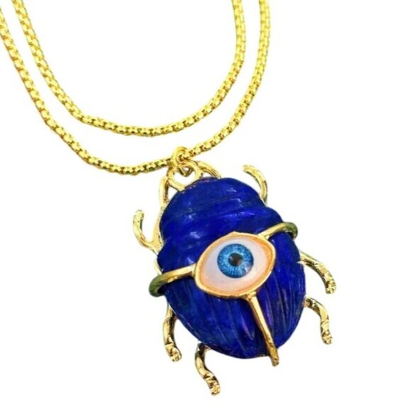Evil Eye Necklace Blue Lapis Lazuli Gemstone Scarab Beetle Pendant Gold Plated - Picture 5 of 5